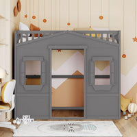 Twin Size Loft Bed with Windows and Door, Solid Wood Loft Bed Frame with Ladder and Safety Guardrails House Loft Bed for Kids Boys Girls, No Box Spring Needed, Gray