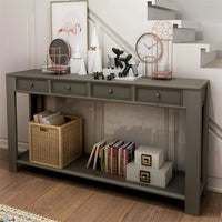 64"Long Console Table, Narrow Sofa Table with 4 Storage Drawers&Bottom Shelf, Storage Console Table, Classic Accent Retro Entryway Sofa Table for Entryway,Hallway, Livingroom, Khaki