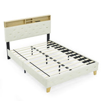 Wood Low Platform Bed Frame Full Size with Upholstered Headboard Storage Shelf Outlet USB Ports, 600lbs Load Fit 8''-10" mattress, Beige