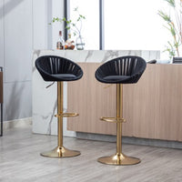 Bar Stools Set of 2, Velvet Swivel Adjustable Height Barstool with Low Back & Footrest for Home Bar Kitchen Island Chair with Golden Base, Black