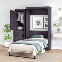 Twin Size Mobile Murphy Cabinet Bed with Wardrobe and 3 Drawers, Traditional Solid Wood Murphy Bed Chest Storage Bed, Can be Folded into a Cabinet,for Guest Room Home Office,No Spring Box Needed