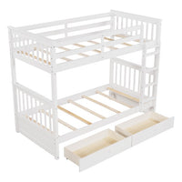 Solid Wood Twin Bunk Beds with Ladders and Two Storage Drawers, Twin over Twin Bunk Bed with Safety Guardrails for Kids, Teens, Adults, Wood Slats Support, Can be Separate into 2 Single Beds, White