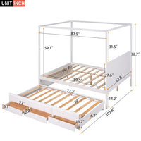 Queen Size Platform Bed, Wood Canopy Platform Bed with Trundle and Storage Drawers, Wood 4-Poster Bed with Headboard for Adults Kids Teens, Space Saving Bed Frame, Bed Frame Bedroom Furniture, White