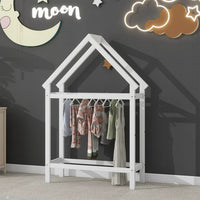 Twin Size Floor Bed for Children, Wooden Montessori Bed Frame with 2 Detachable Stands and Roof Frame, House-Shaped Bed Low Tent Bed for Girls Boys and Teens, White