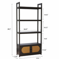 4 Tiers Bookshelf, Woven Cane Bookcase with Cabinet Office Wood Bookshelf Freestanding Open Display Shelf with 2 Doors Storage Cabinet Home Storage Rack for Living Room