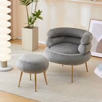 Accent Chair with Round Ottoman, Upholstered Velvet Indoor Armchair with Metal Frame, Single Tufted Leisure Chairs with Footrest Stool for Living Room Bedroom Office