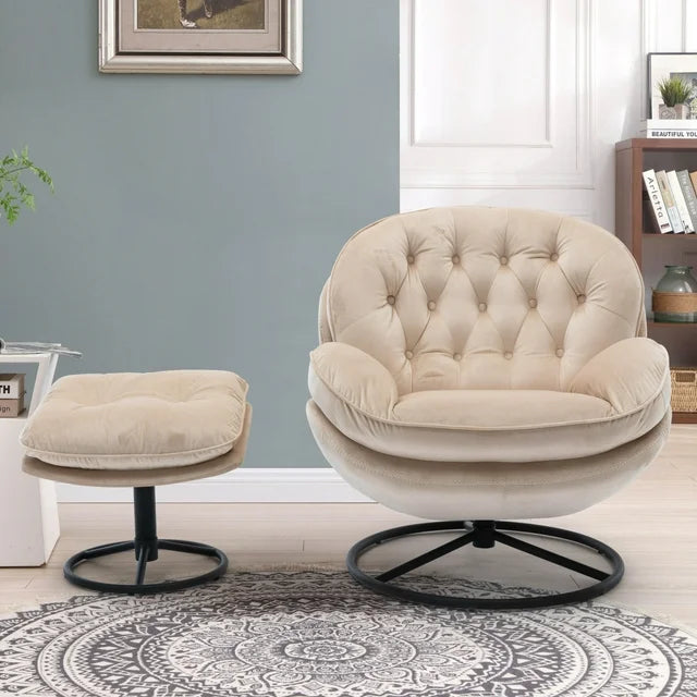 Swivel Accent Chair with Ottoman,Velvet Lounge Chair,Comfy Living Room Chair,Lazy Sofa for Bedroom,Apartment,Reading Room,Beige