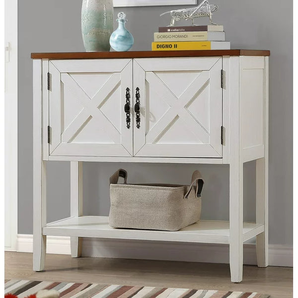 Farmhouse Coffee Bar Cabinet with Storage,Wood Buffet Sideboard Cabinet with 2 Doors and Open Bottom Shelf,Entryway Accent Cabinet Console Table for Living Room Dining Room Hallway,Antique White