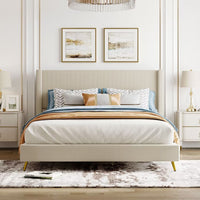 Queen Size Platform Bed, Corduroy Platform Bed with Metal Legs, Modern Upholstered Platform Bed Frame with Wingback Headboard, Strong Wood Slats Support, No Box Spring Needed, Easy Assembly, Beige