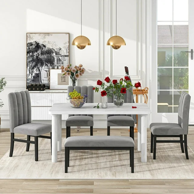 6-Piece Dining Table Set, Modern Kitchen Table and Chairs Set for 6 with Marble Veneer Table, 4 Flannelette Upholstered Dining Chairs & Bench, Kitchen Living room Dining Room Table and Chair Set, Gray