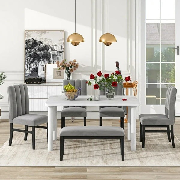 6-Piece Dining Table Set, Modern Kitchen Table and Chairs Set for 6 with Marble Veneer Table, 4 Flannelette Upholstered Dining Chairs & Bench, Kitchen Living room Dining Room Table and Chair Set, Gray