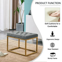 Velvet Ottoman, Modern Button Tufted Footrest Upholstered Vanity Stool with Gold Metal Frame, Upholstered Vanity Chair for Living Room Bedroom Entryway, 21.7”L x 15.9”W x 16.5”H, Dark Gray
