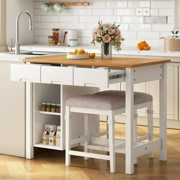 Stationary Rubber Wood Kitchen Island Set with 2 Dining Stools, Modern Farmhouse 3 Pieces Dining Table Set with 2 Shelves and 3 Drawers, for Small Places, Home, 45", White