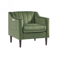 Modern Accent Chair, Velvet Single Sofa Side Chair, Upholstered Tufted Comfy Living Room Armchair, Barrel Club Chair with Golden Metal Legs and Side Pocket for Bedroom Reading Room Office, Green