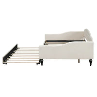 Full Linen Upholstered Daybed with Twin Size Trundle, Full Size Upholstered Tufted Sofa Bed with Nail Head Trim, Trundle Daybed with Wood Frame, Beige