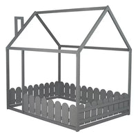 Full Size House Bed for Kids Boys Girls, Wood Floor Bed Frame with Roof and Fence, Box Spring Needed, Gray 78''L x 56.4''W x 68.6''H