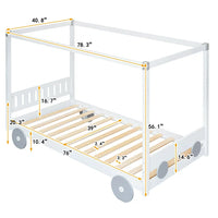 Twin Size Canopy Platform Bed, Wooden 4-Post Canopy Car-Shaped Platform Bed Frame with Wheels and Slats Support, Bedroom Mattress Foundation for Kids Girls Boys, No Box Spring Needed, White