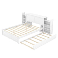 Queen Size Platform Bed with Twin Size Trundle,Storage Platform Bed with Pull Out Shelves,Two Built-in 4-Tier Storage Shelves,Wooden Bed Frame with Wood Slats Support for Kids Teens Bedroom,White