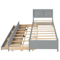 Twin Bed with Trundle and 3 Drawers, Twin Bed Frame with Bookcase Headboard, Wood Platform Bed, Multifunctional Wood Storage Daybed Sofa Bed, No Box Spring Needed, Gray