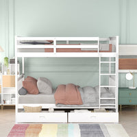 Solid Wood Twin Bunk Beds with Ladders and Two Storage Drawers, Twin over Twin Bunk Bed with Safety Guardrails for Kids, Teens, Adults, Wood Slats Support, Can be Separate into 2 Single Beds, White