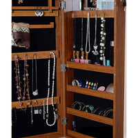 Mirror Jewelry Cabinet, 47.2"H Jewelry Cabinet Mirrored Furniture, Wall Mount and Over The Door Wooden Mirror Cabinet with Outside Full Length Dressing Mirror and Inside Small Mirror, Oak