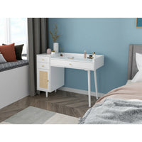 Makeup Vanity with Charging Port, Modern Dressing Table with Rattan Door and Multi-Storage, White Vanity Desk for Bedroom, Living Room, Weight Capacity 160 Pounds