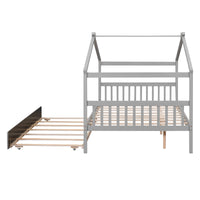 Full House Bed with Twin Size Trundle Bed,House Bed for Kids with Support Legs,Wooden Kids House Full Bed Frame for Toddlers,Kids,Teens.No Box Spring Needed,Gray