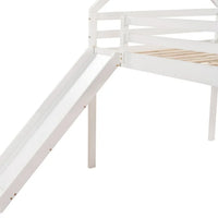 Full Size Loft Bed with Slide, House Shaped Loft Bed Frame with Guardrail and Ladder for Kids Teens Adults, Morden Solid Wood Low Loft Bed Frame with Roof for Bedroom, Can be Decorated, White