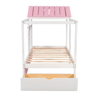 Twin House Bed, Wood Canopy Bed with 1 Storage Drawer, Playhouse Bed with Roof and Window, Montessori Bed Frame for Kids Boys Girls Teens, Pink + White