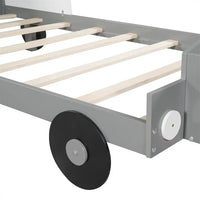 Twin Size Car-Shaped Platform Bed,Wood Platform Bed Frame with 2 Storage Shelf,Storage Platform Bed with Headboard and Footboard for Kids Teens,Gray