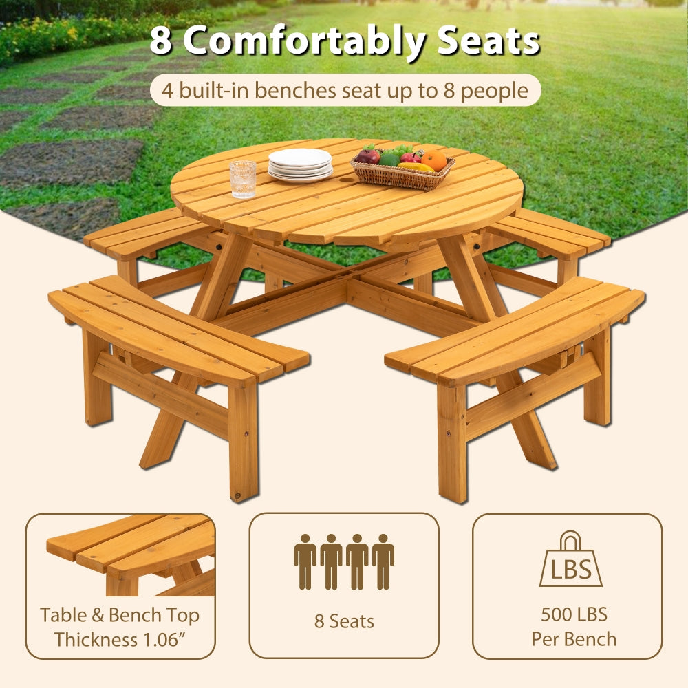 8 Person Wood Picnic Table, Outdoor Round Picnic Table with 4 Built-in Benches, Umbrella Hole, Outside Table and Bench Set for Garden, Backyard, Porch, Patio, 2220lbs Capacity Per Bench- Natural