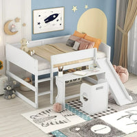 Full Size Loft Bed with Slide for Kids,Solid Wood Loft Bed Frame with Rolling Portable Desk and Chair,Multifunctional Low Loft Bed for Boys and Girls,White