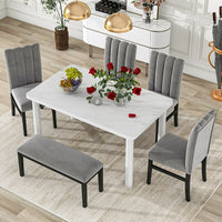 6-Piece Dining Table Set, Modern Kitchen Table and Chairs Set for 6 with Marble Veneer Table, 4 Flannelette Upholstered Dining Chairs & Bench, Kitchen Living room Dining Room Table and Chair Set, Gray