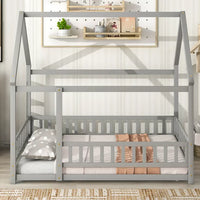 Full Size Floor Bed with Fence Guardrails for Kids, Montessori Bed Playhouse Bed with Roof, Full Platform Bed Frame for Boys and Girls, No Slats Included (Gray, Full Size)