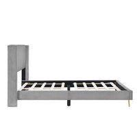 Queen Platform Bed Frame, Modern Upholstered Bed with Tufted Backrest and 2 Metal Legs, Corduroy Low Bed with Slats Support for Bedroom,Apartment, Easy Assembly,No Box Spring Needed, Gray