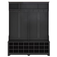60" Wide Coat Rack with Black Metal Hooks,Hall Tree with Entryway Bench and 24 Shoe Cubbies,Hallway Storage Cabinet for Hallway Living Room Bedroom