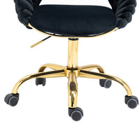 Velvet Office Chair with Hand Woven Backrest,Adjustable Swivel Accent Armchair,Upholstered Tufted Vanity Chair with Gold Base,Ergonomic Study Chair Computer Desk Chair for Living Room Bedroom,Black