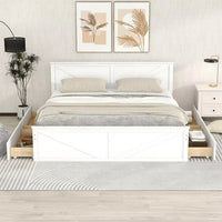Modern King Size Wooden Platform Bed with 4 Storage Drawers, Solid Wooden Platform Bed Frame with Headboard and Support Legs , Storage Bed with Storage, for Any Bedroom, No Box Spring Needed, White