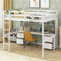 Full Size Loft Bed with Charging Station Multifunctional Loft Bed with Desk, Cabinets, Drawers and Bedside Tray, Solid Wood Loft Bed Frame with Built-in Ladder and Full-Length Guardrails, White