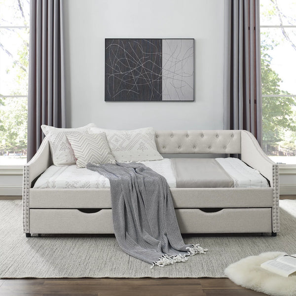 Full Size Daybed with 2 Drawers, Upholstered Tufted Sofa Bed Frame with Wood Slats Support & Button Back & Copper Nailed Armrests, for Bedroom, Living Room, No Box Spring Needed, Beige