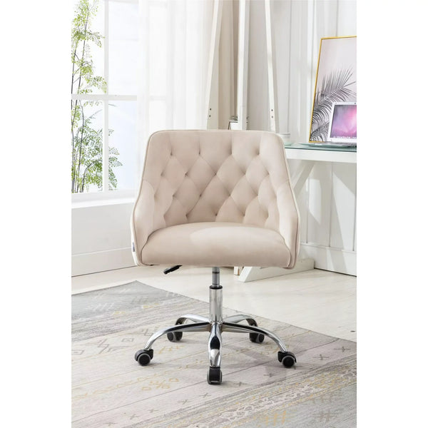 Swivel Chair, Velvet Home Office Chair, Modern Adjustable Swivel Desk Chair with 5 Wheels, Upholstered Swivel Shell Chair Vanity Chair for Living Room Bedroom, Beige