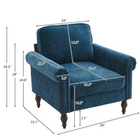 Chenille Accent Armchair, Small Single Sofa with Curved Armrest and Solid Wood Gourd Foot, Modern Upholstered Reading Chair for Apartment Bedroom Office, Blue-Green
