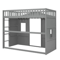 Twin Size Loft Bed with Windows and Door, Solid Wood Loft Bed Frame with Ladder and Safety Guardrails House Loft Bed for Kids Boys Girls, No Box Spring Needed, Gray