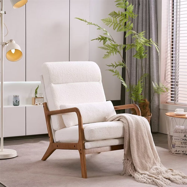 High Back Living Room Chair, Modern Accent Chair with Lumbar Pillow, Teddy Velvet Fabric Upholstered Armchair with Headrest for Bedroom Living Room Office, Off-White Color