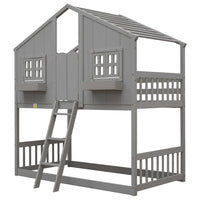 Wood Floor Bunk Bed with Design Roof and Ladder, Twin Over Twin House Bunk Bed with Footboard, Playhouse Bunk Bed with Safety Guardrails and Ladder for Kids Boys Girls Teens