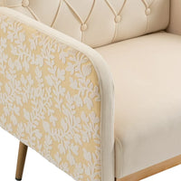 Mid Century Modern Accent Chair, Velvet Fabric Single Lounge Reading Armchair with Button Tufted & Side 3D Pattern, Upholstered Comfy Accent Arm Chair with Tapered Legs for Living Room, Bedroom, Beige