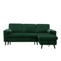 88" Convertible Sectional Sofa with Pull-Out Bed, Modern Tufted Velvet Upholstered Corner Sofa Bed with Reversible Storage Chaise and 2 Pillows, 3-seat L-Shaped Sofa Couch for Living Room Office Green