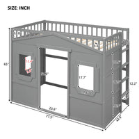 Twin Size Loft Bed with Windows and Door, Solid Wood Loft Bed Frame with Ladder and Safety Guardrails House Loft Bed for Kids Boys Girls, No Box Spring Needed, Gray