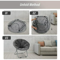 Saucer Lounge Chair, Portable Folding Soft Moon Chair with Metal Frame, Comfy Chair for Bedroom, Dorm Rooms, Apartments, Lounging, Garden and Courtyard, Cozy Faux Fur Lounge Chair, Gray