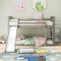 win Over Twin Bunk Bed with Slide and Ladder, Solid Wood Low Bunkbeds for Toddlers/Kids/Teens, White